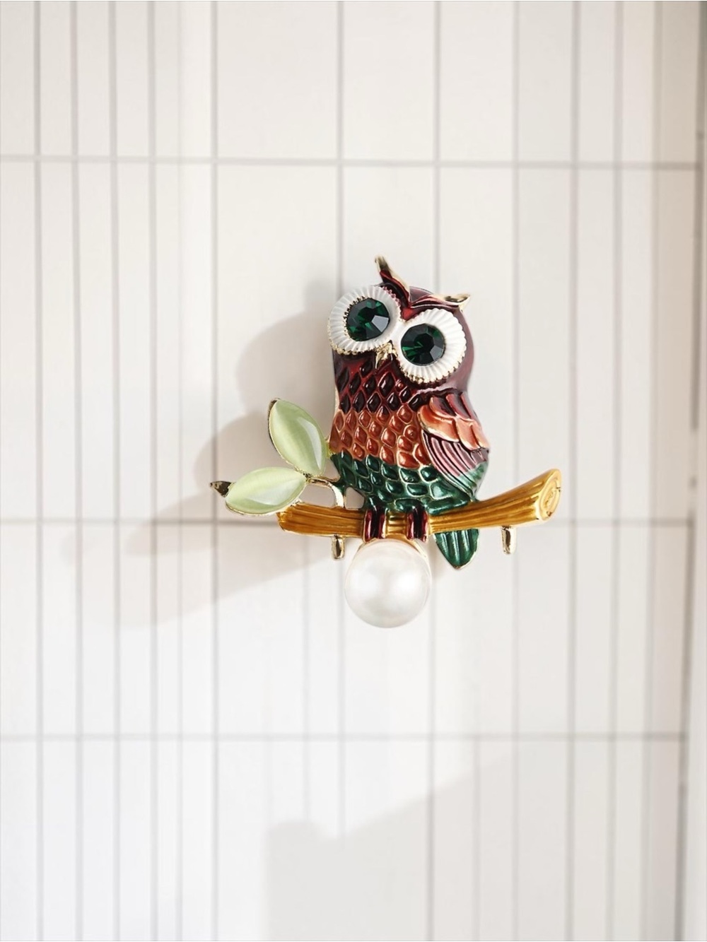 Colorful Owl Brooch with Pearl Accent